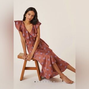 Anthropologie Ruffle-Sleeve Printed-Wrap Maxi Dress